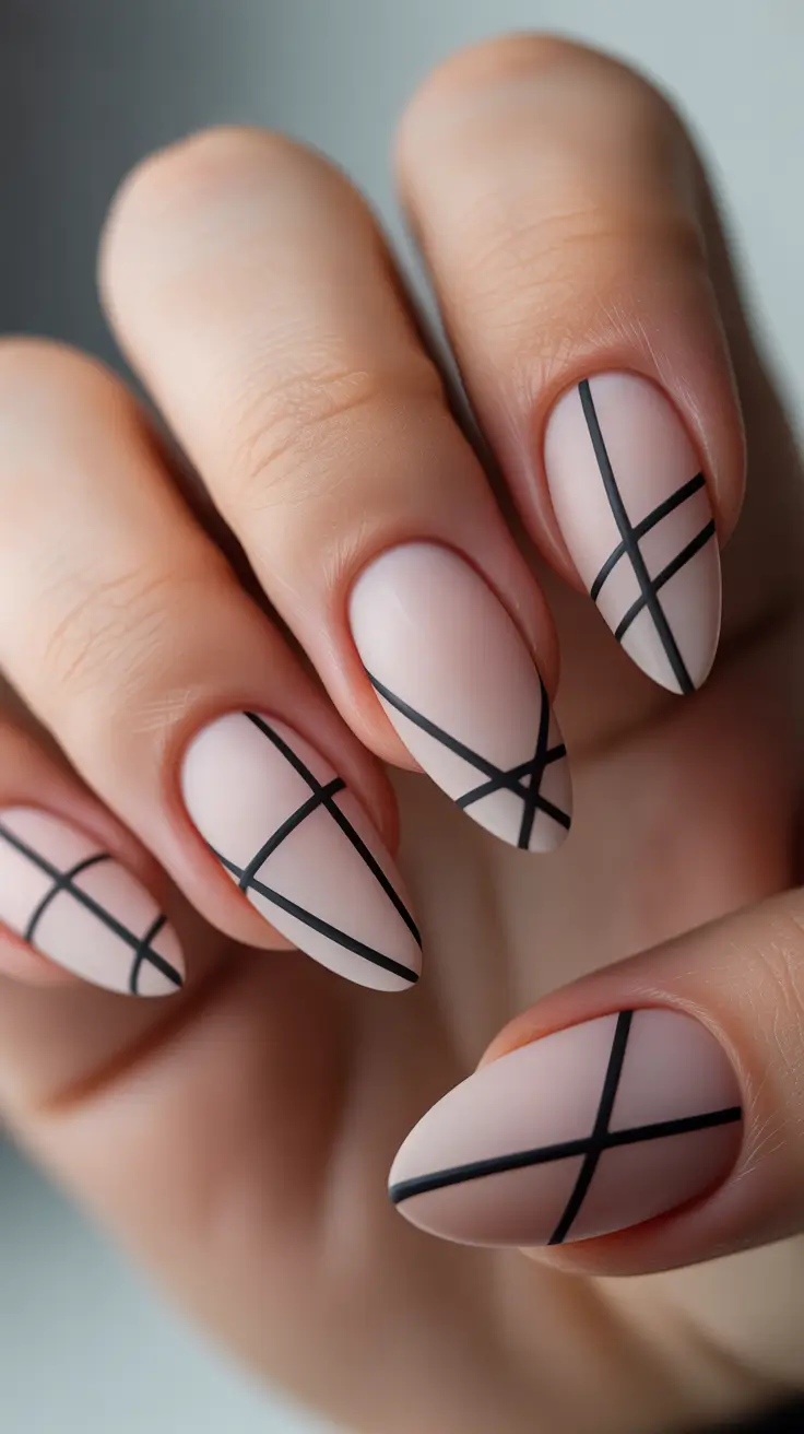 spring almond nails Minimal Nude Almond with Graphic Black Lines
