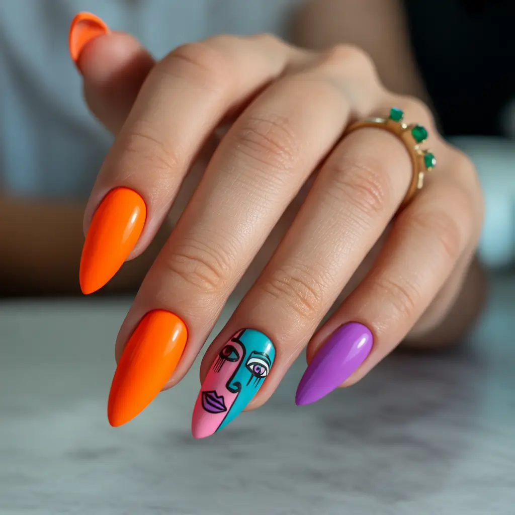 spring almond nails Pop Art Face Design with Bold Spring Color Blocking