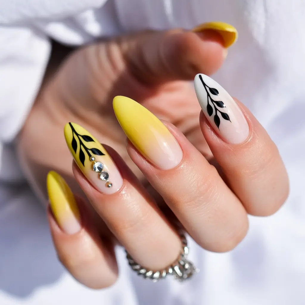 spring almond nails Pastel Yellow Gradient Almond Nails with Botanical Detail