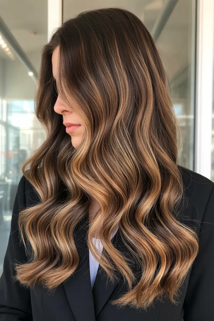 spring caramel hair color Deep Caramel Balayage With Coffee Dimension Waves