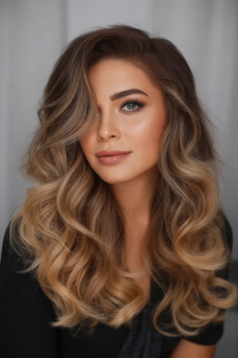 spring caramel hair color Voluminous Coffee Caramel Waves With Glam Finish