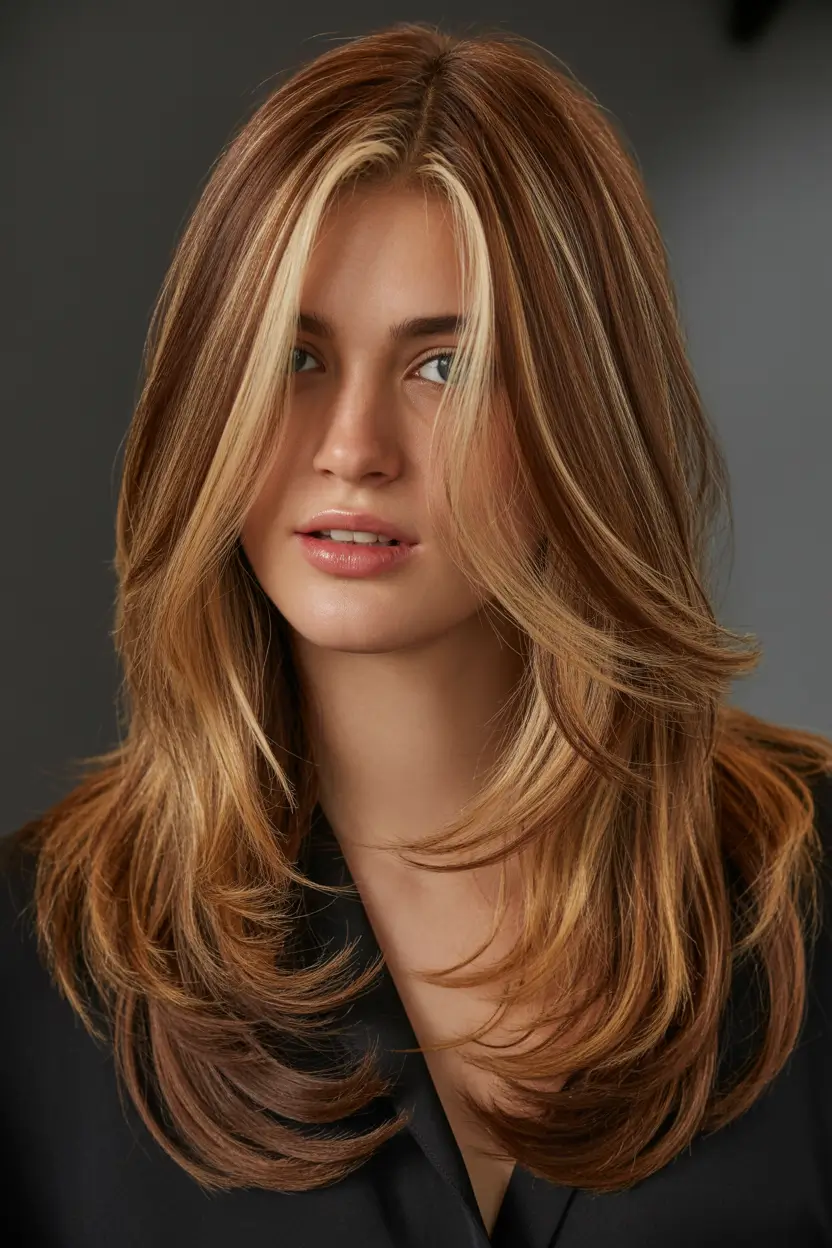 spring caramel hair color Layered Caramel Cascade With Bright Honey Framing