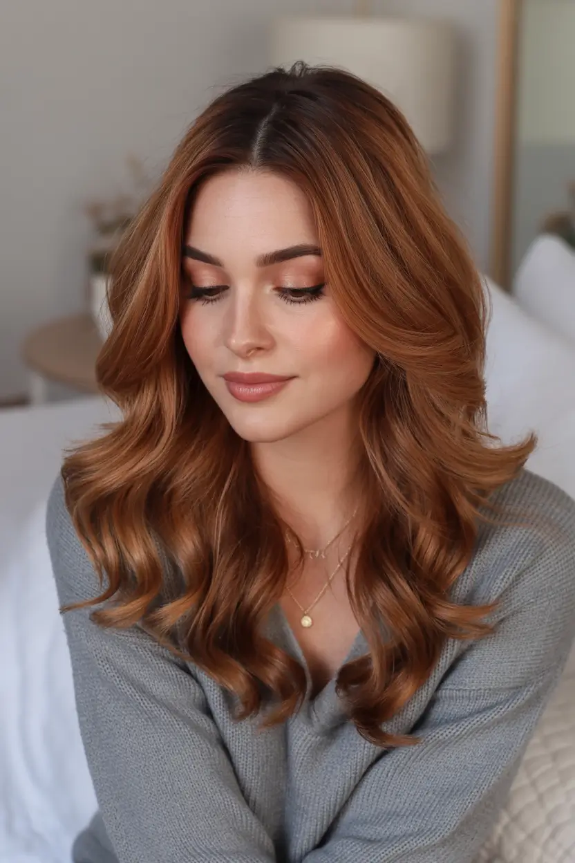 spring caramel hair color Warm Copper Caramel Waves With Cozy Soft Finish