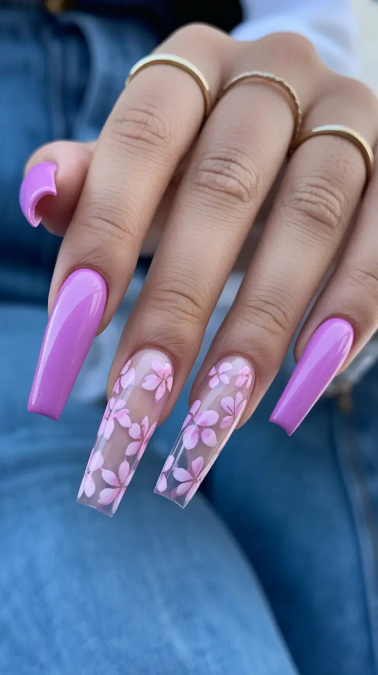 spring nails coffin Lavender Bloom Coffin Nails With Soft Floral Transparency