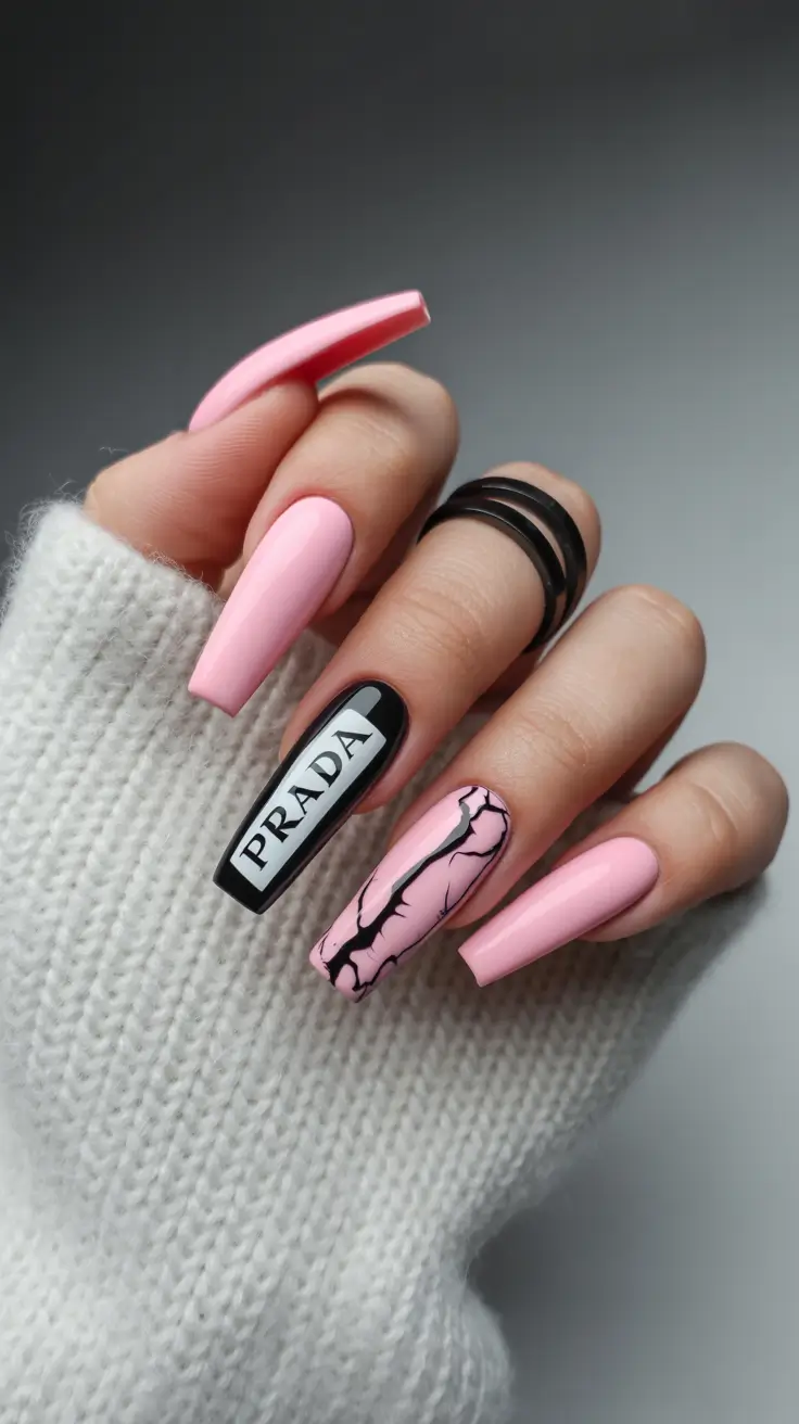 spring nails coffin Soft Pink Coffin Nails With Fashion Logo Accent
