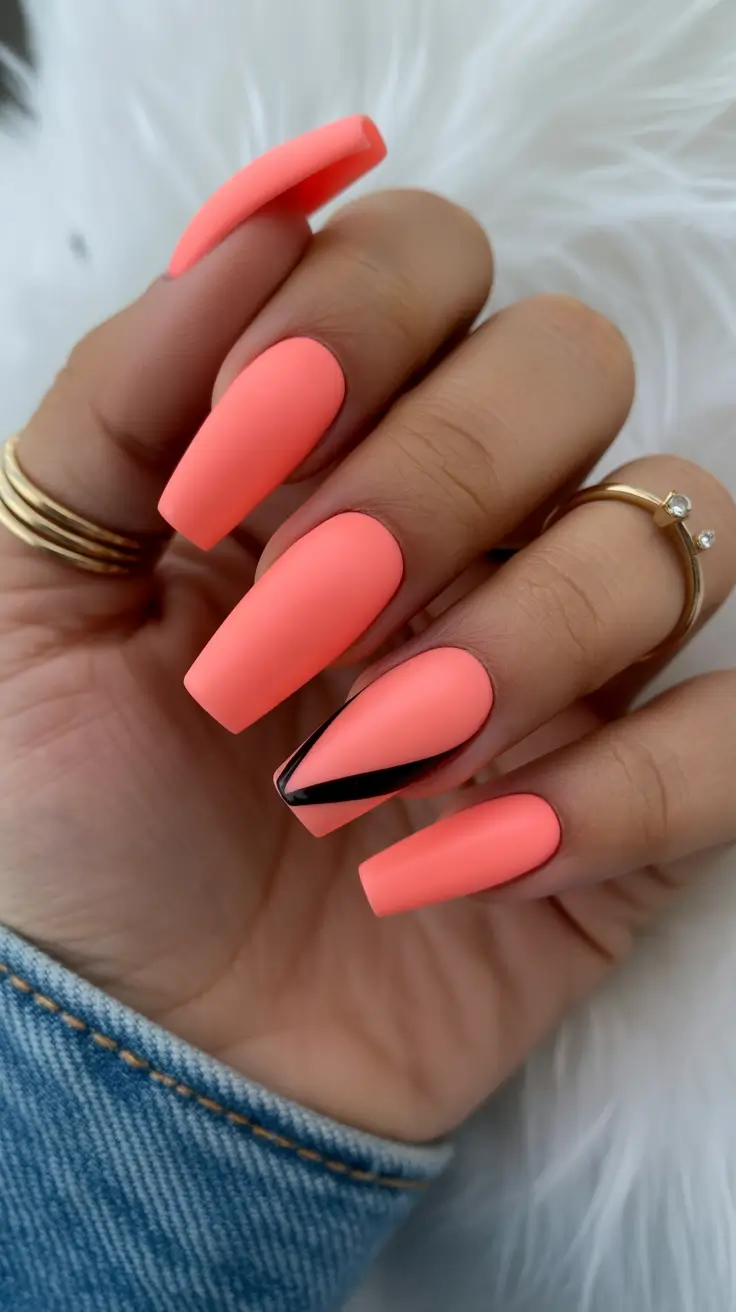 spring nails coffin Matte Coral Coffin Nails With Minimal Graphic Accent