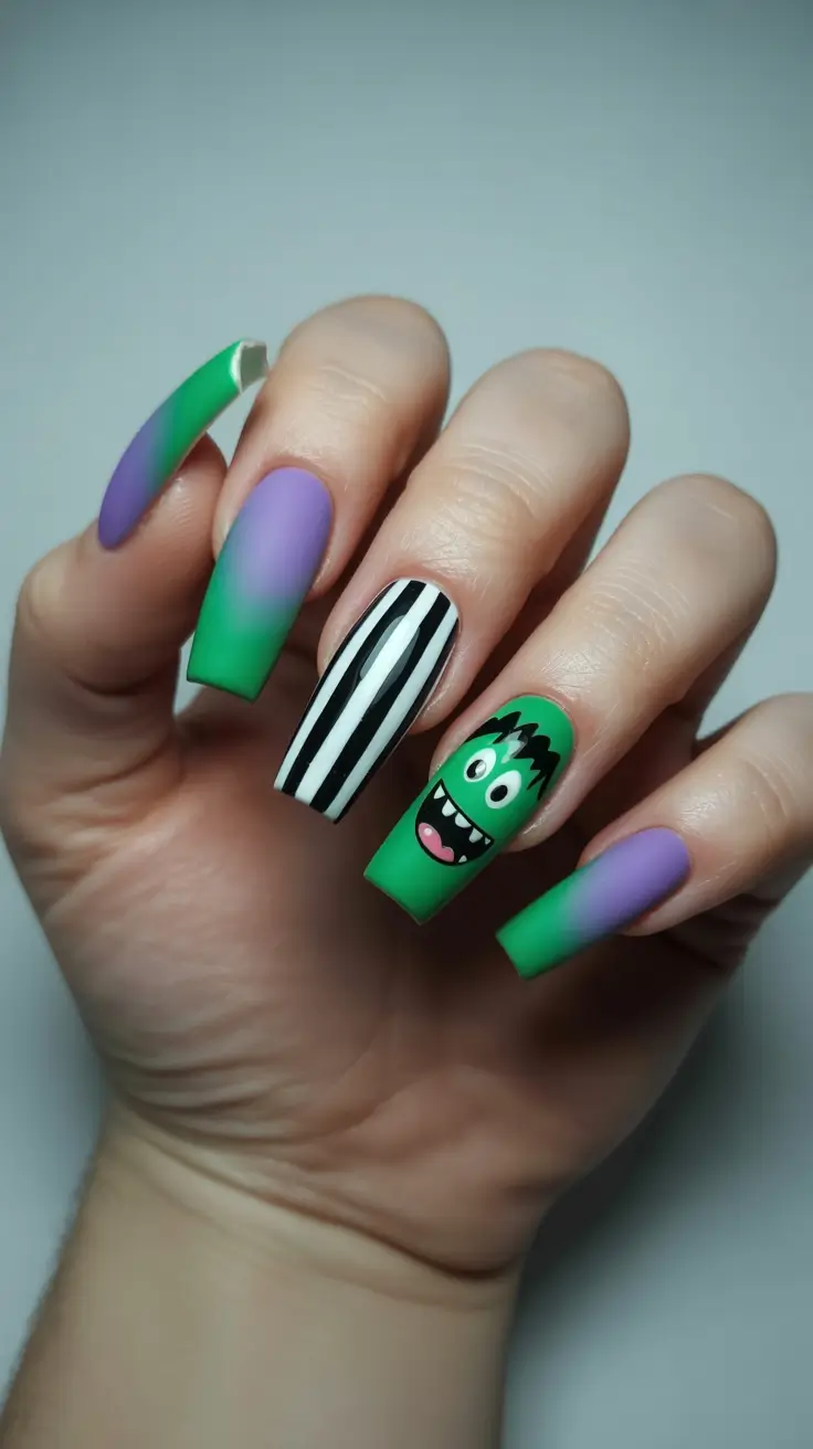 spring nails coffin Playful Green Cartoon Coffin Nails With Pop Art Personality