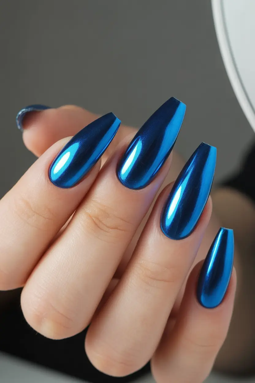 spring nails coffin Metallic Blue Chrome Coffin Nails With Futuristic Shine