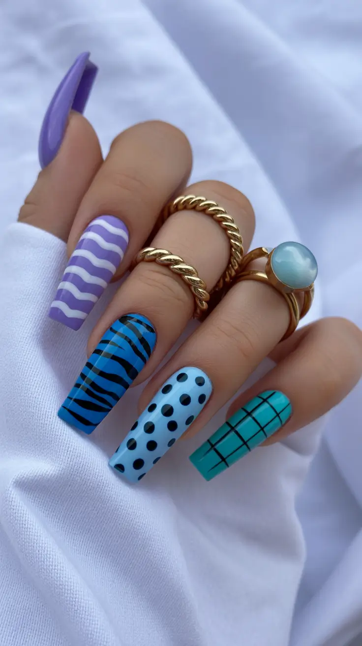 spring nails coffin Mixed Pattern Coffin Nails With Playful Spring Geometry