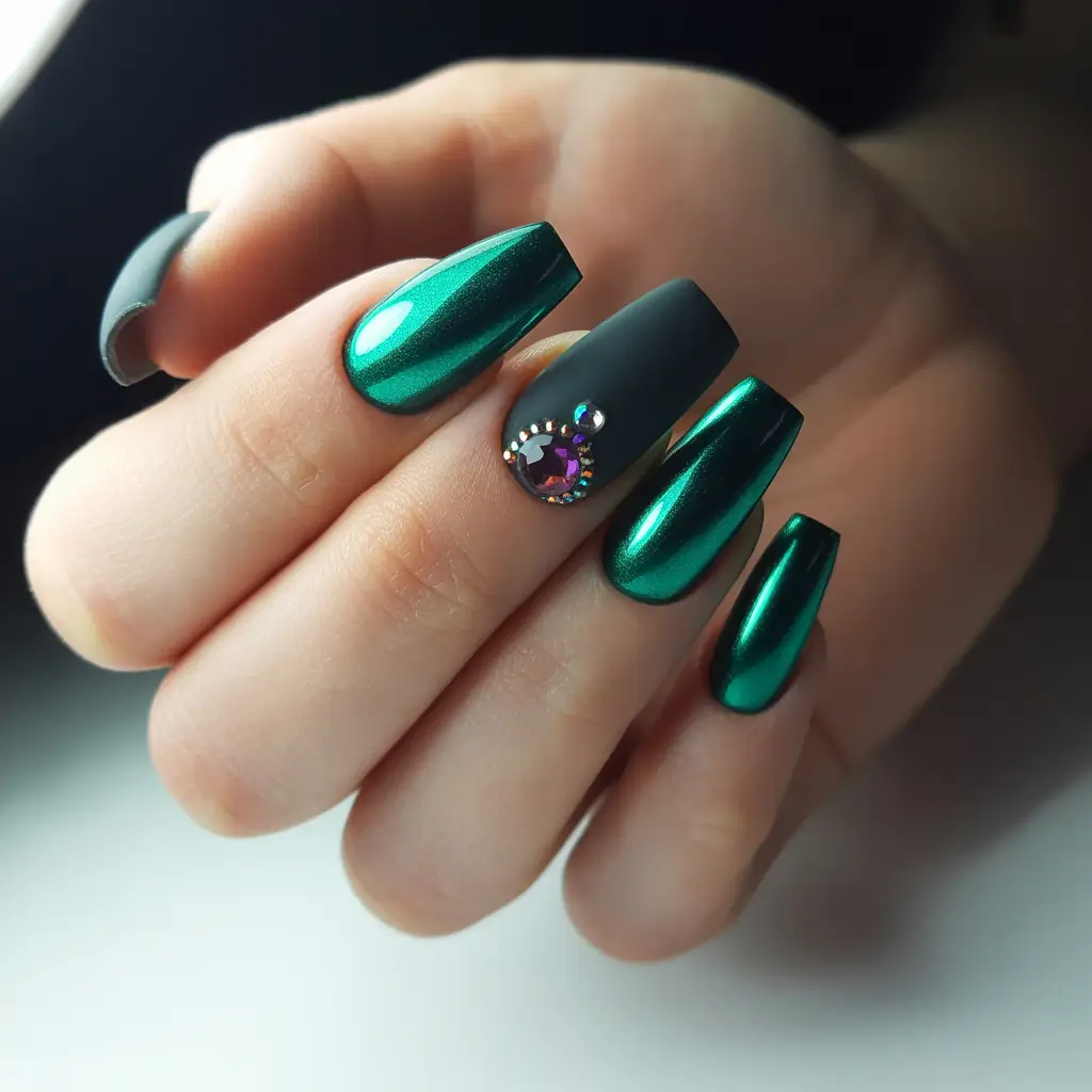 spring nails coffin Emerald Chrome Coffin Nails With Jewel Accent Glam