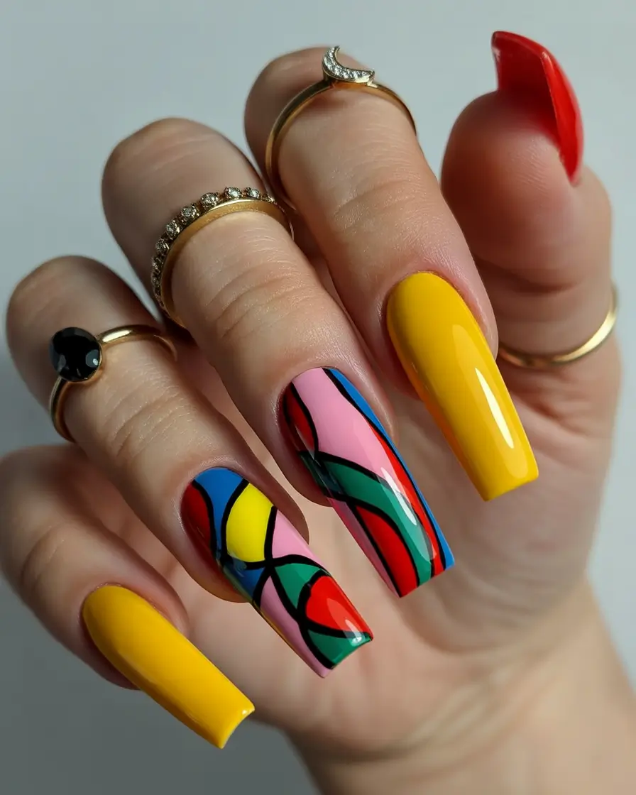 spring nails coffin Bright Yellow Pop Art Coffin Nails With Color Blocking