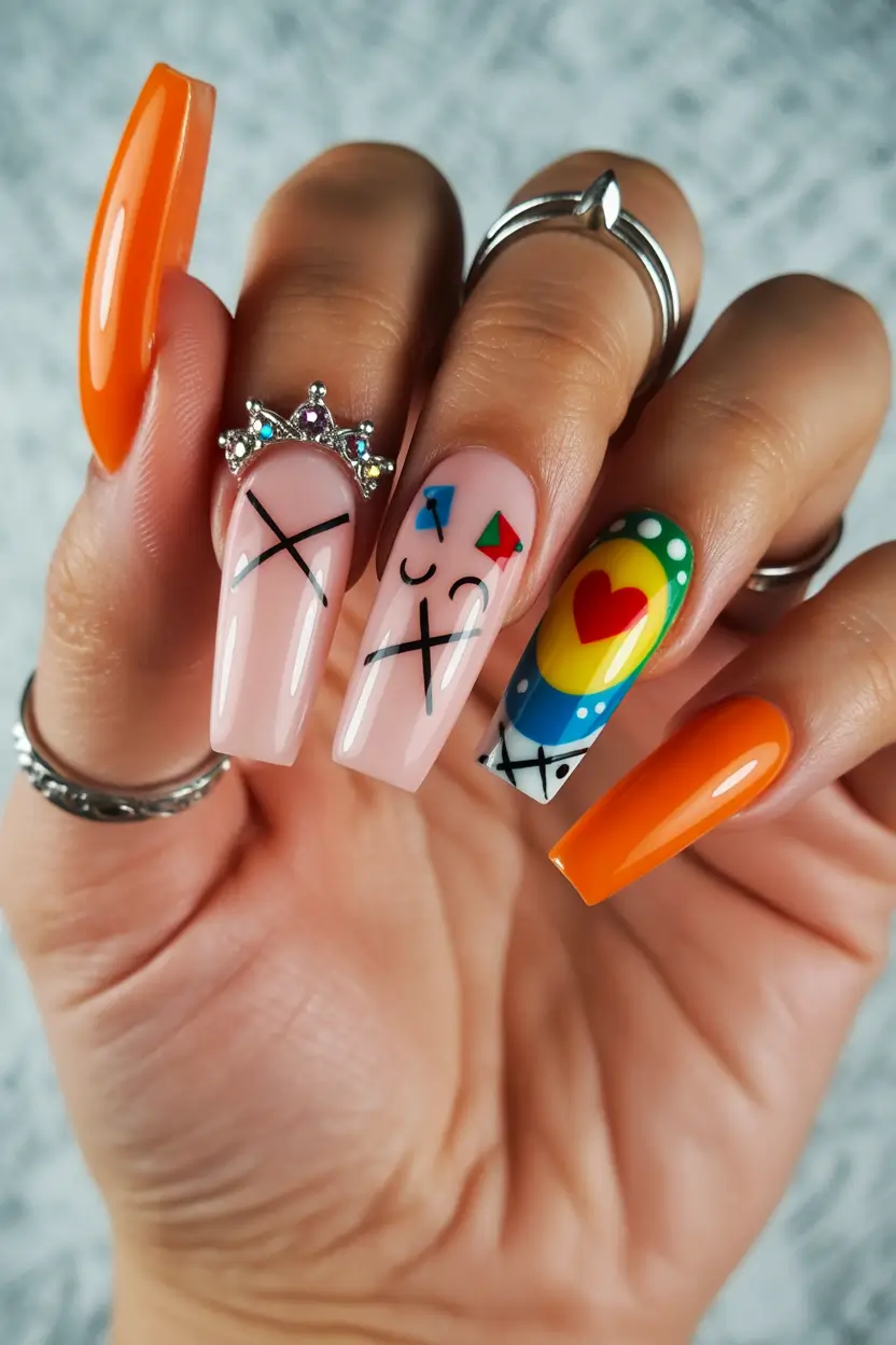 spring nails coffin Abstract Orange Art Coffin Nails With Playful Modern Symbols