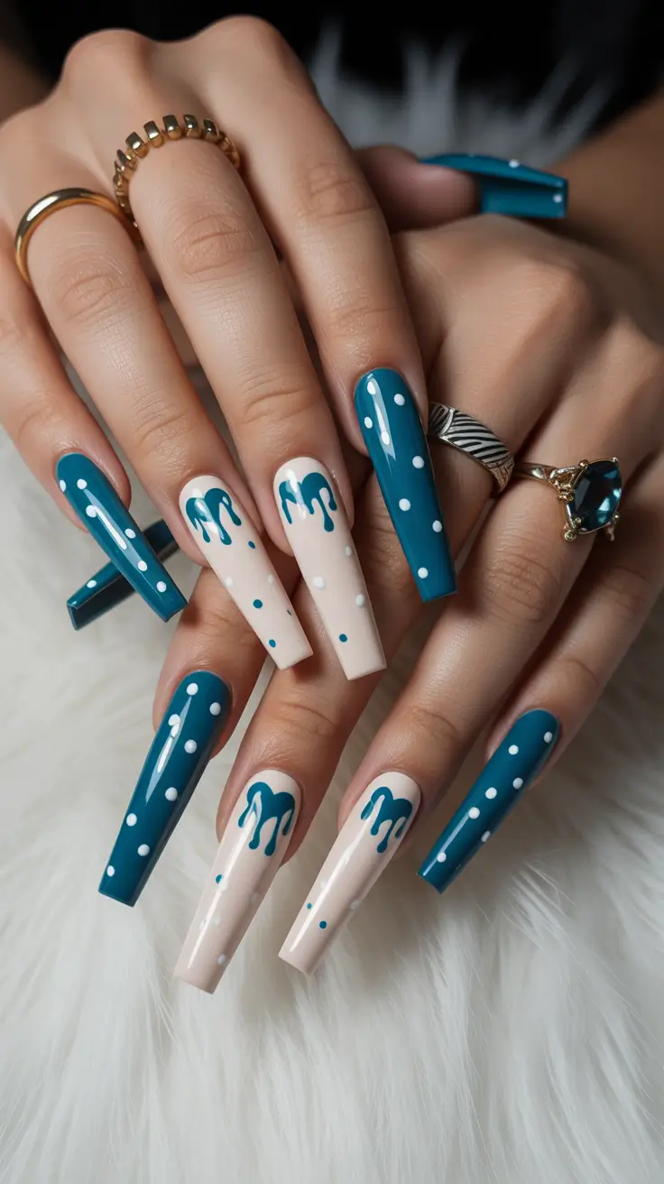 spring nails coffin Teal Drip Coffin Nails With Graphic Spring Contrast