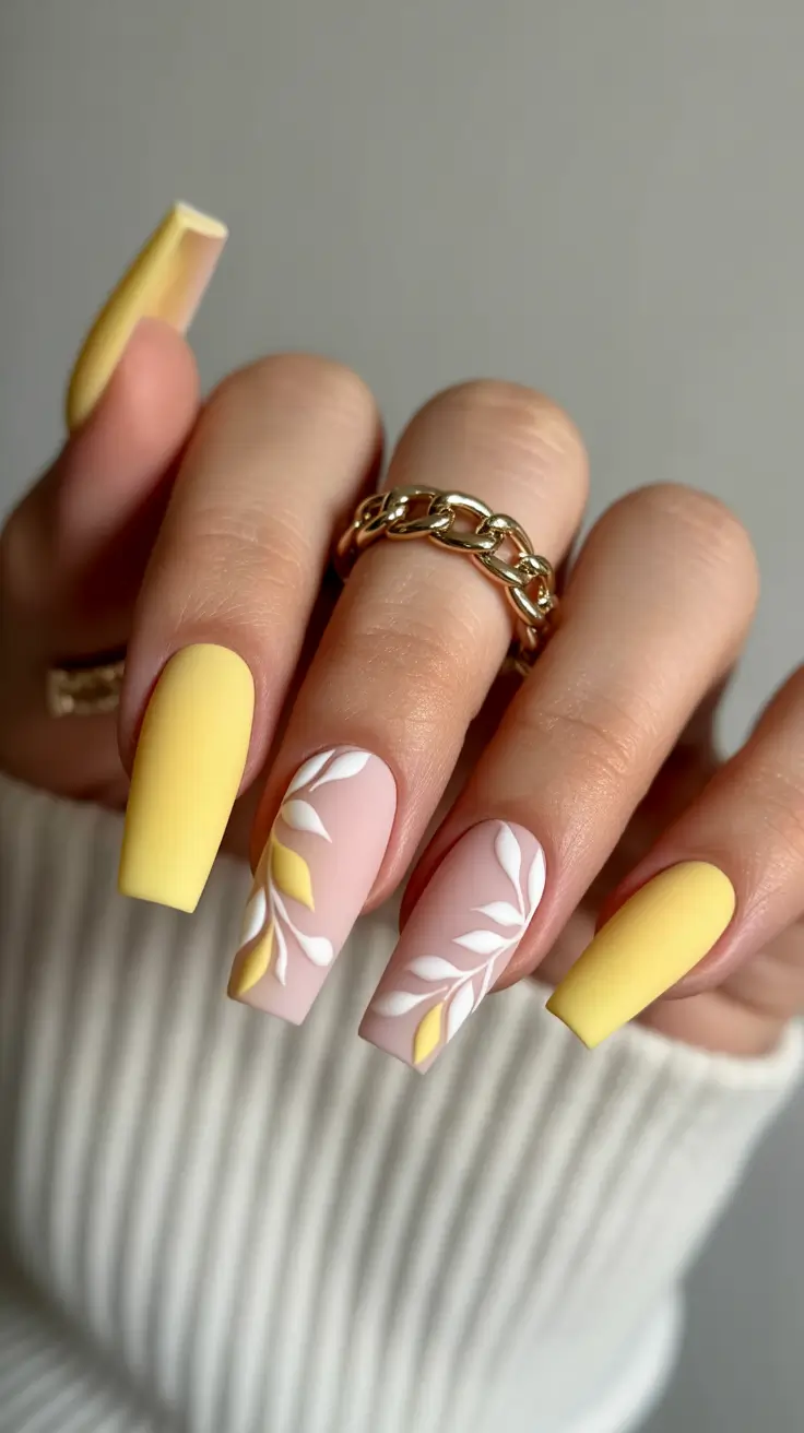 spring nails coffin Soft Lemon Coffin Nails With Minimal Botanical Art