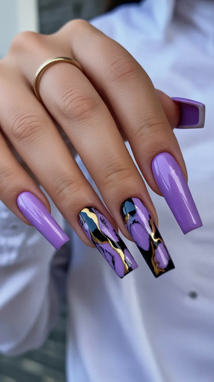 spring nails coffin Lavender Marble Coffin Nails With High Gloss Contrast