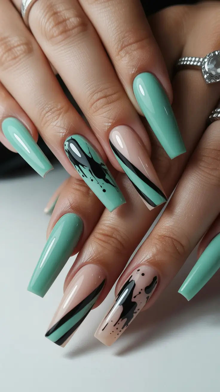spring nails coffin Fresh Mint Coffin Nails With Graphic Spring Energy