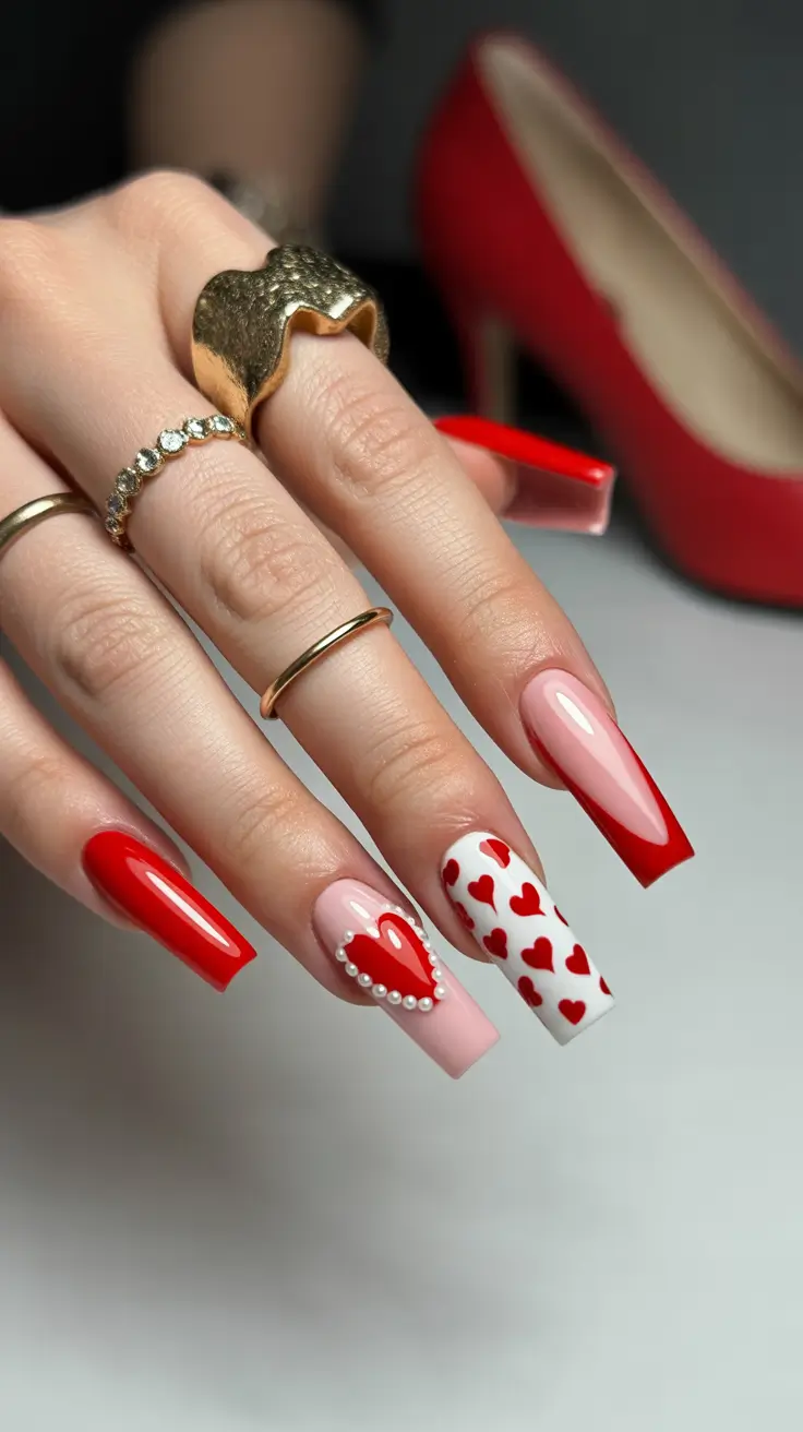 spring nails coffin Romantic Red Coffin Nails With Playful Heart Details