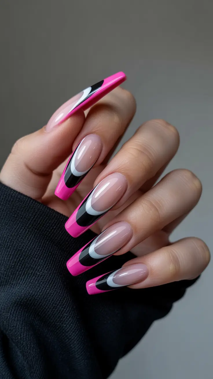 spring nails coffin Graphic Pink Coffin Nails With Modern French Illusion