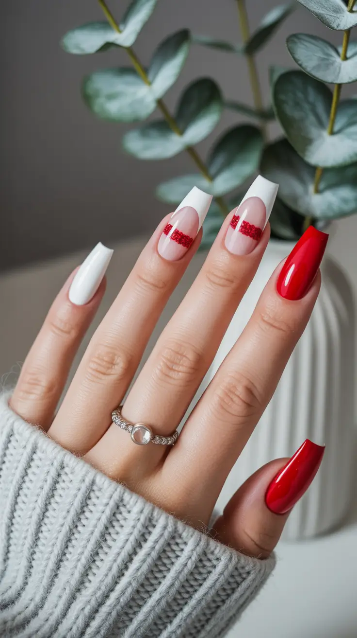 spring nails coffin Classic Red and White Coffin Nails With Modern Minimal Contrast