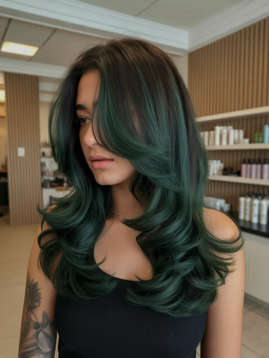spring hair color warm skin tone Emerald Green Layers With Warm Depth