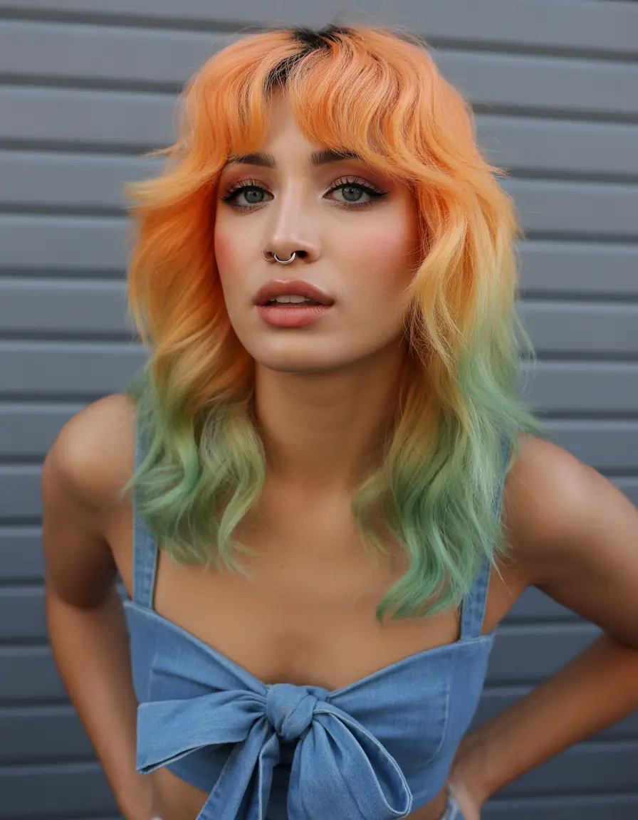 spring hair color warm skin tone Apricot Shag With Mint Ends