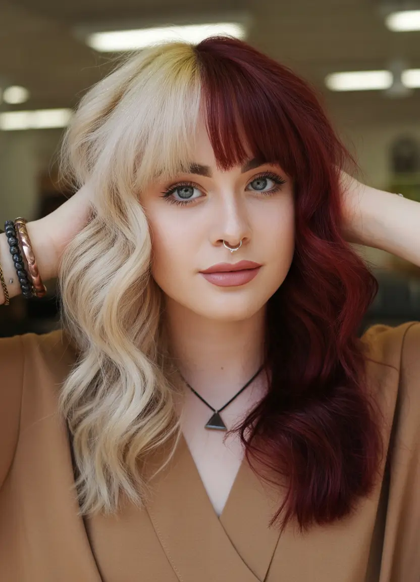 spring hair color warm skin tone Half Blonde Half Burgundy With Soft Fringe