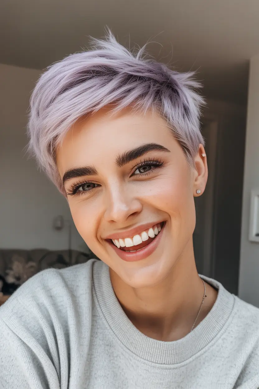 spring hair color warm skin tone Silver-Lilac Pixie With Soft Warm Balance