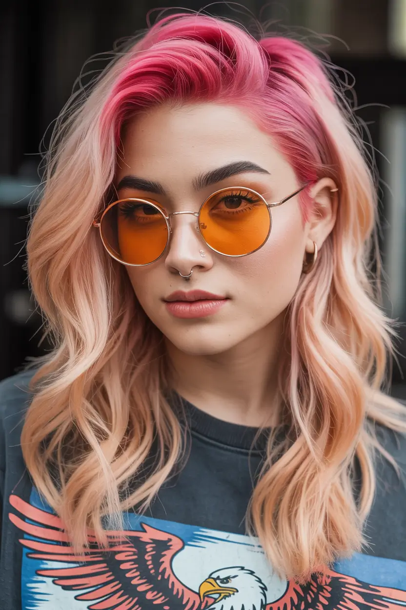 spring hair color warm skin tone Peach Blonde With Pink Roots And Sunset Sunglasses