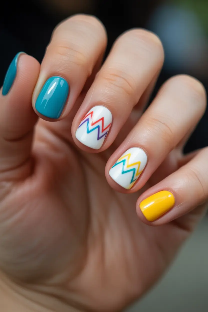 spring short nails Zigzag Pop Art In Teal And Lemon