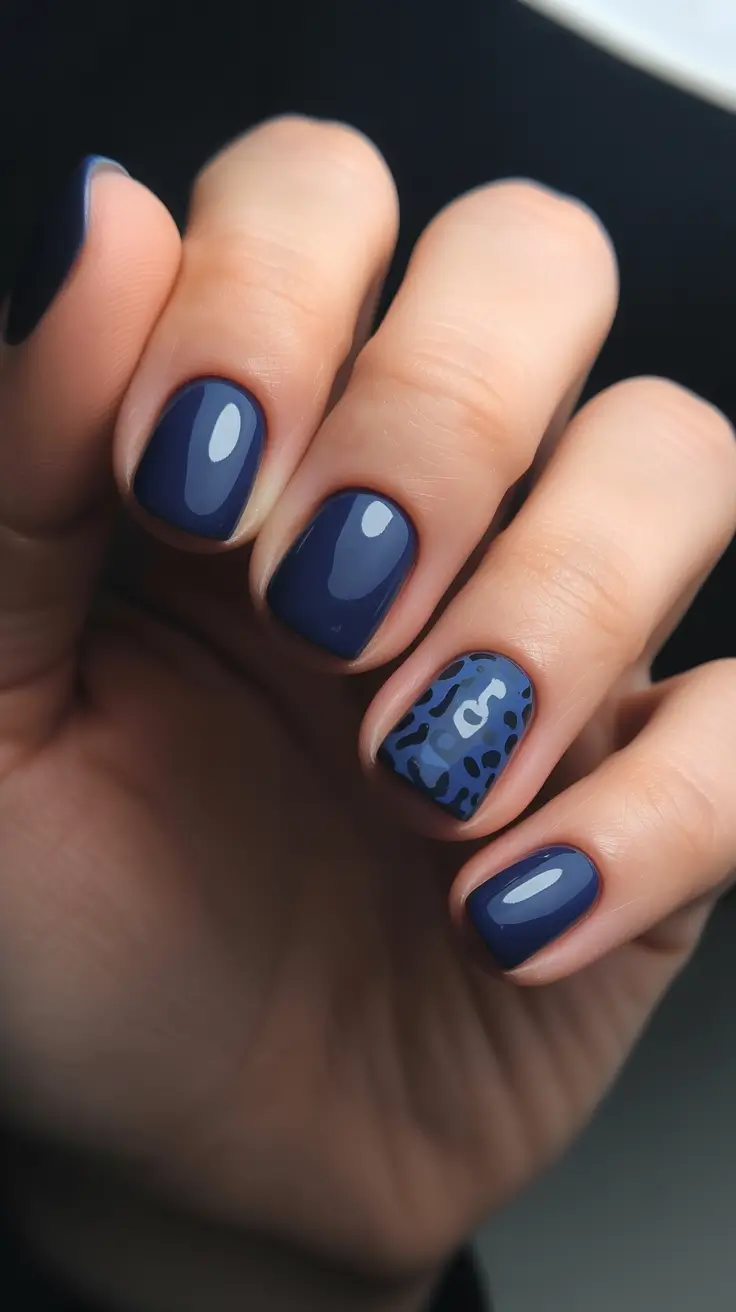 spring short nails Deep Blue Gloss With Modern Accent Detail