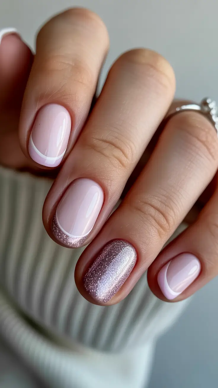 spring short nails Soft Pink Micro French With Shimmer Accent