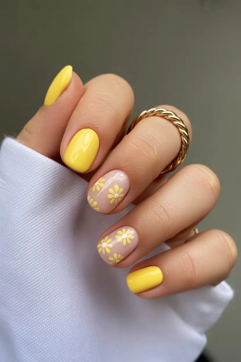spring short nails Sunny Yellow Daisy Spring Nails