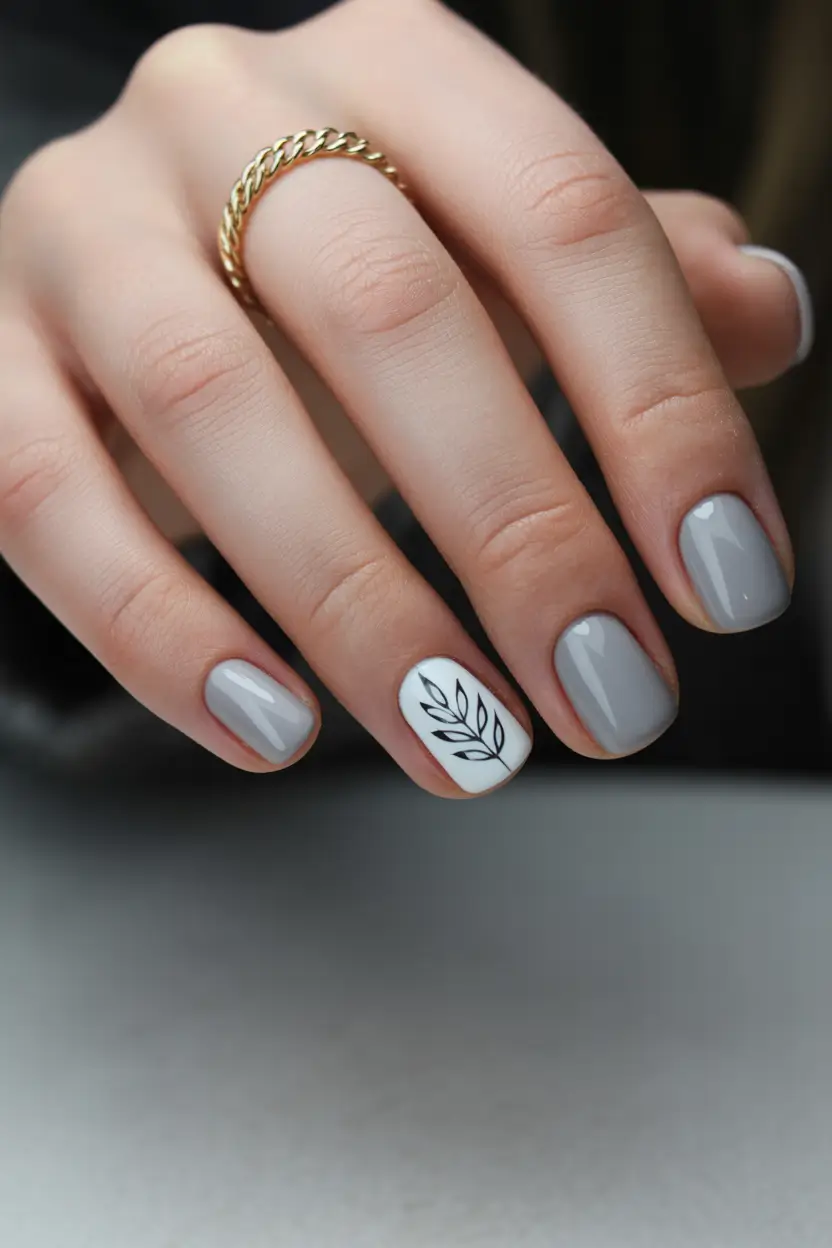 spring short nails Soft Grey Botanical Minimalism