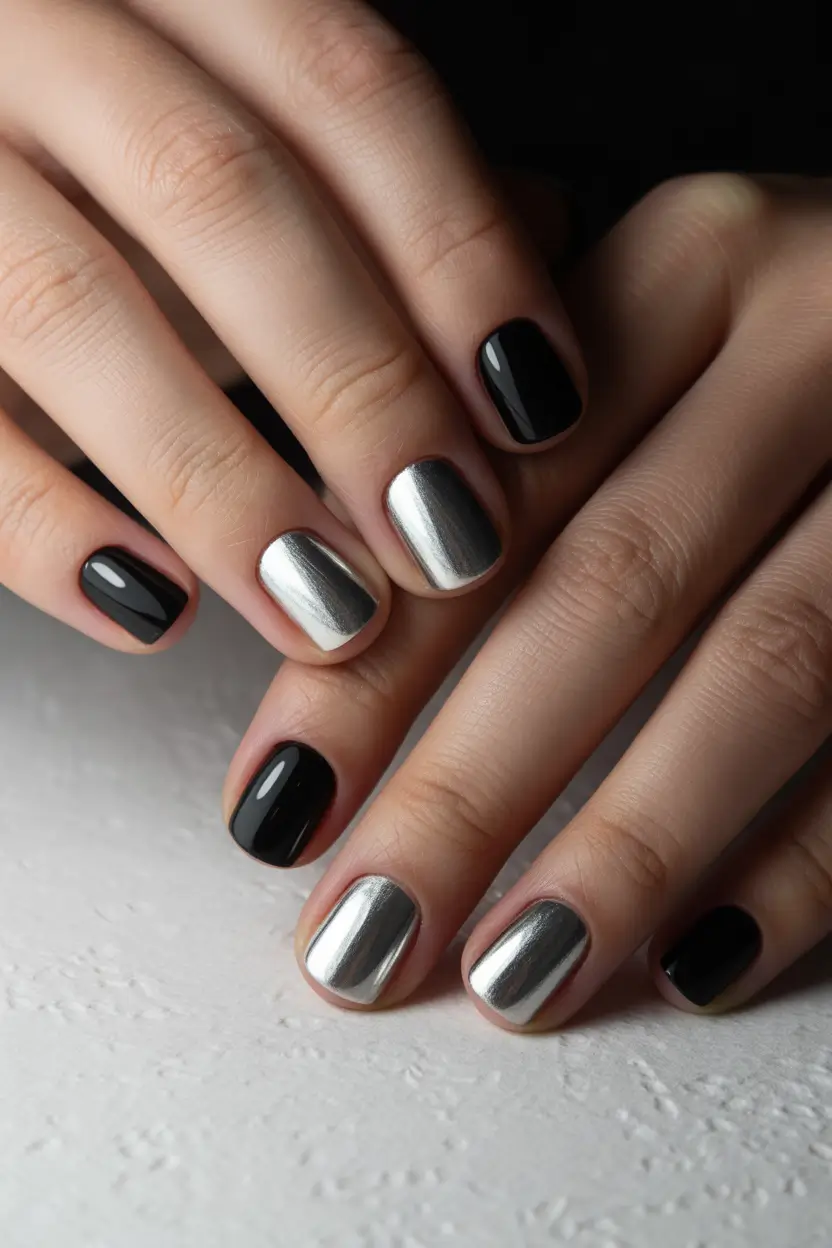 spring short nails Chrome And Black Contrast Minimalism