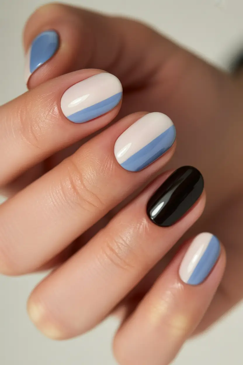 spring short nails Soft Blue Color Block With Modern Edge