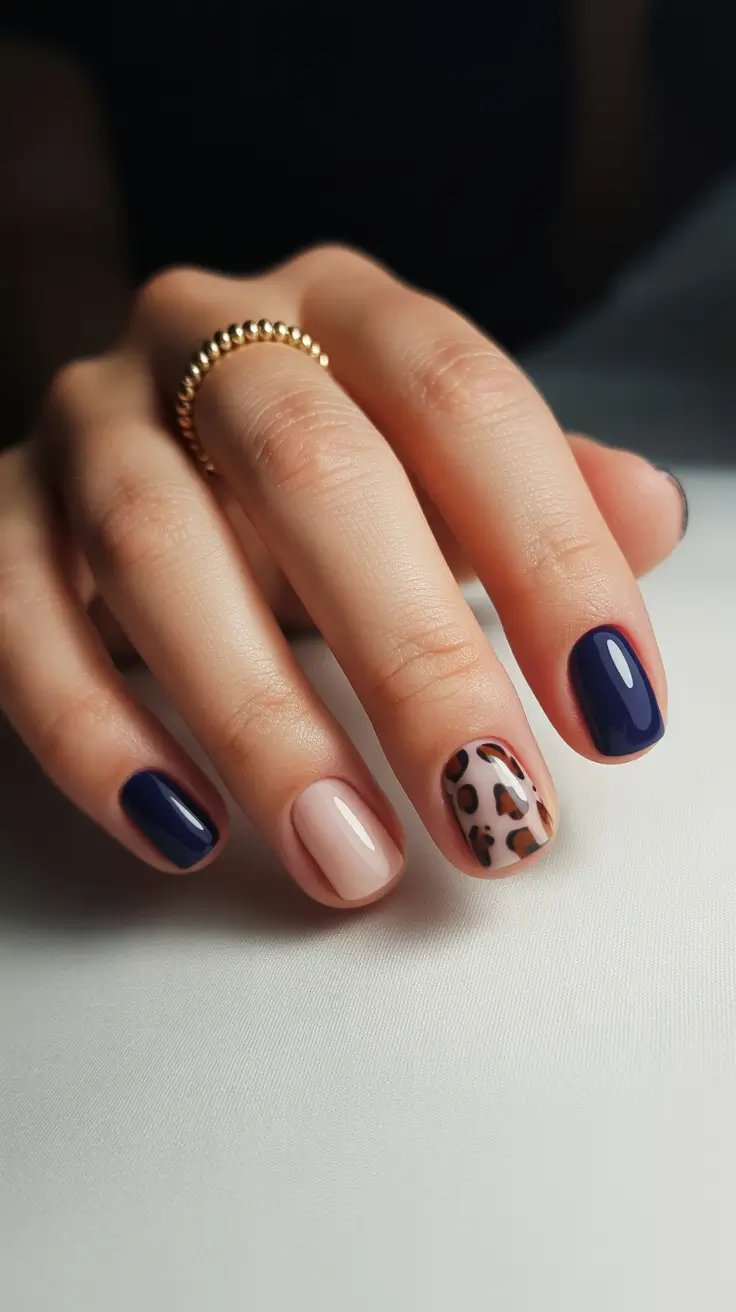 spring short nails Navy Minimal With Leopard Accent