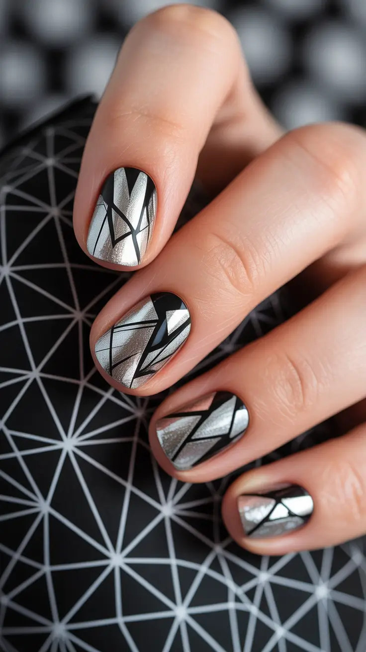 spring short nails Graphic Silver Geometry Statement