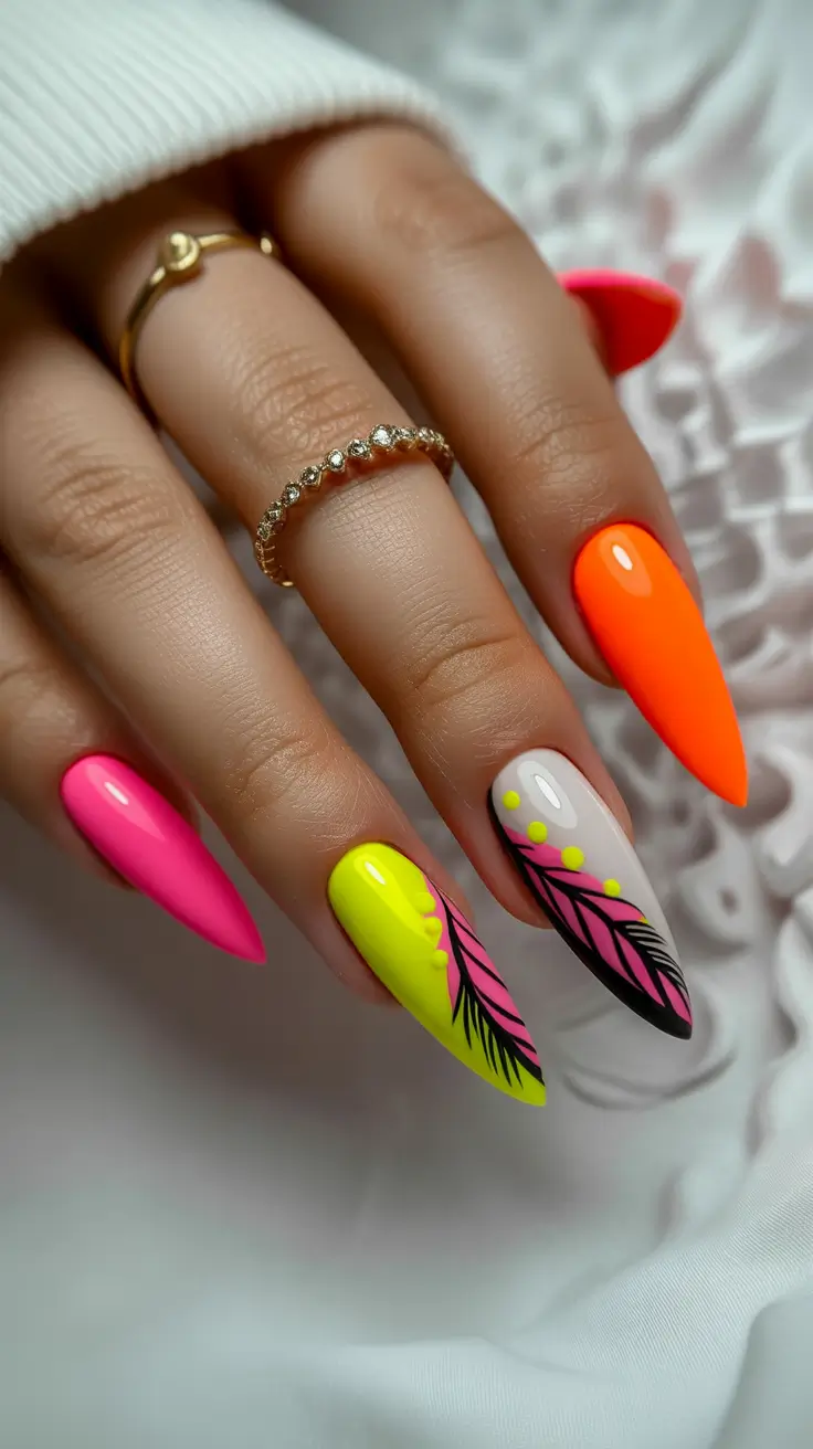 trendy spring nails Hot neon mix with graphic leaf details
