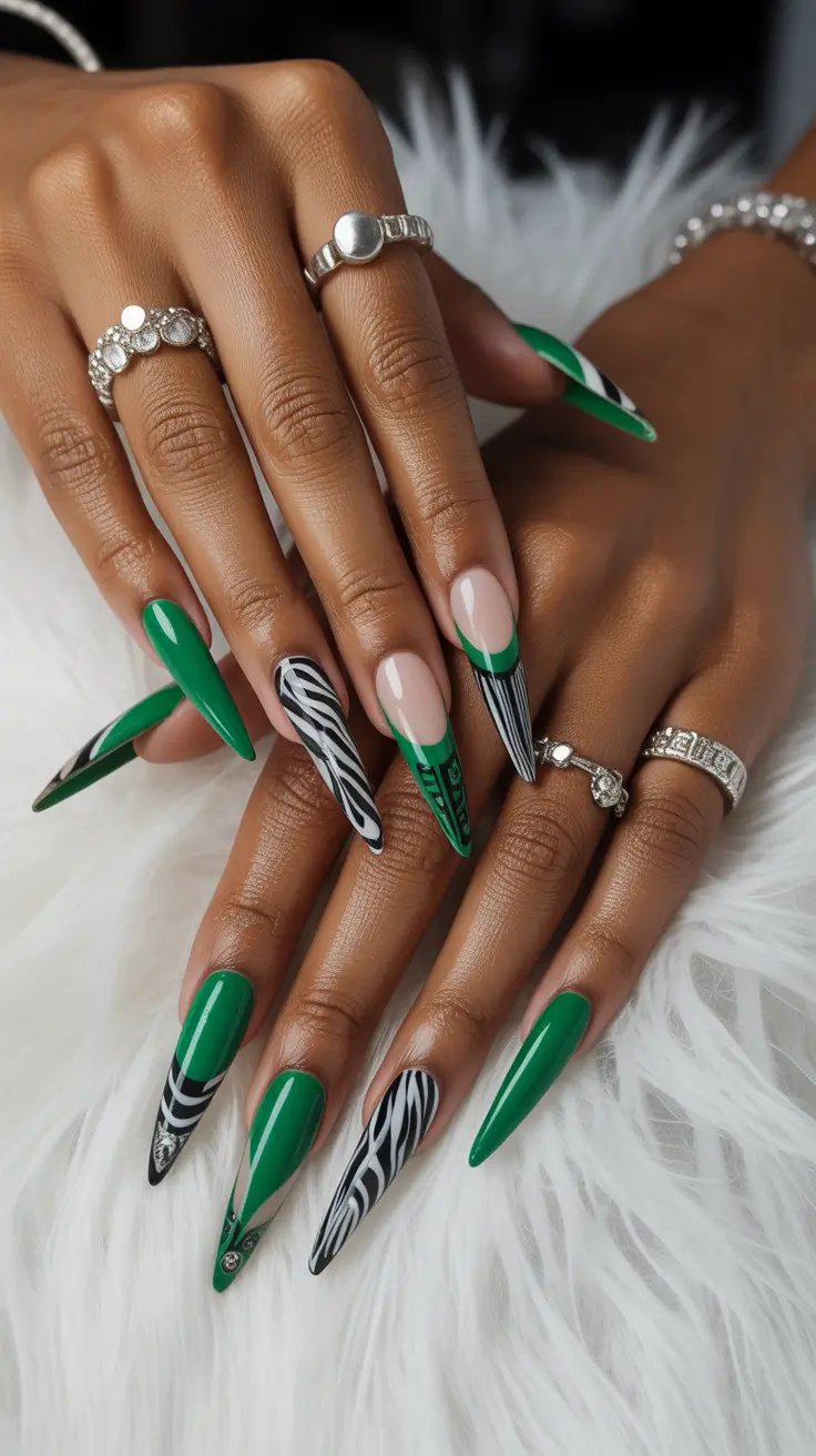 trendy spring nails Green statement nails with zebra accents