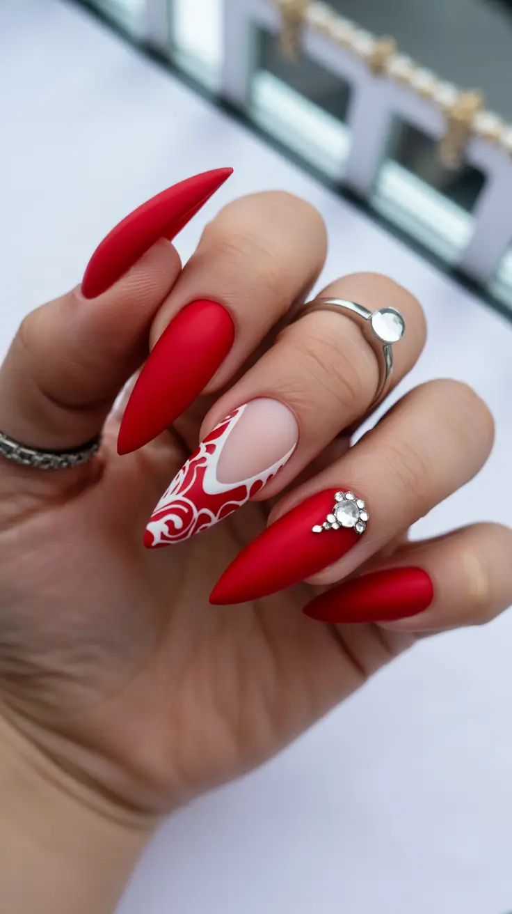 trendy spring nails Velvety red elegance with graphic accent detail