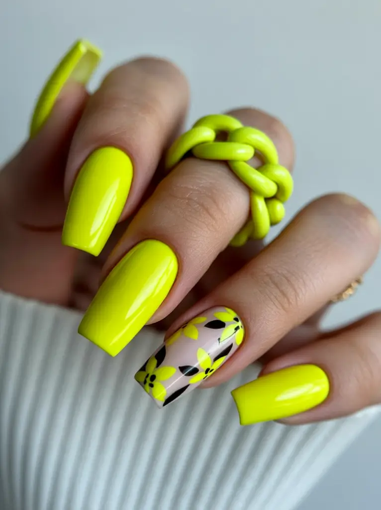 trendy spring nails Electric neon floral statement nails