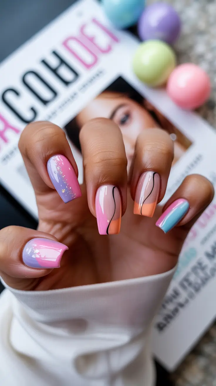 trendy spring nails Pastel swirl gradients with modern minimal lines