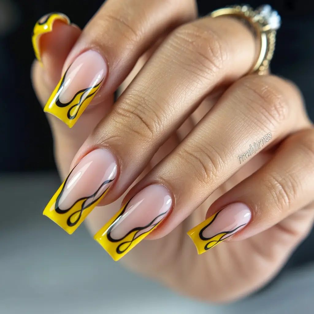 trendy spring nails Sunshine yellow graphic French tips