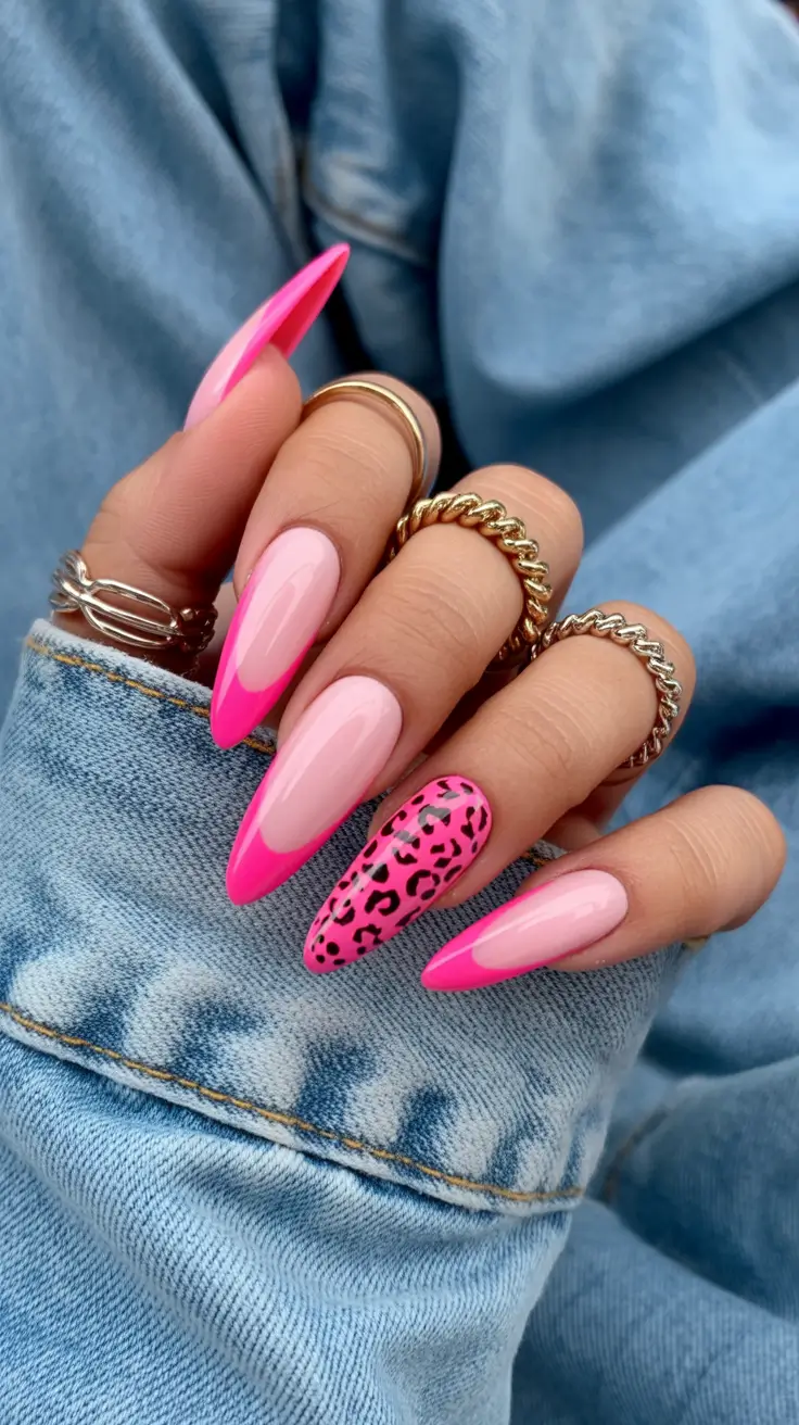 trendy spring nails Hot pink leopard accents with glossy modern edges