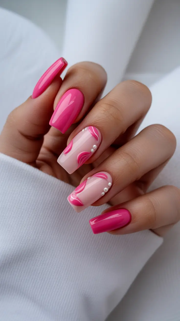 trendy spring nails Pink gloss with subtle swirl details