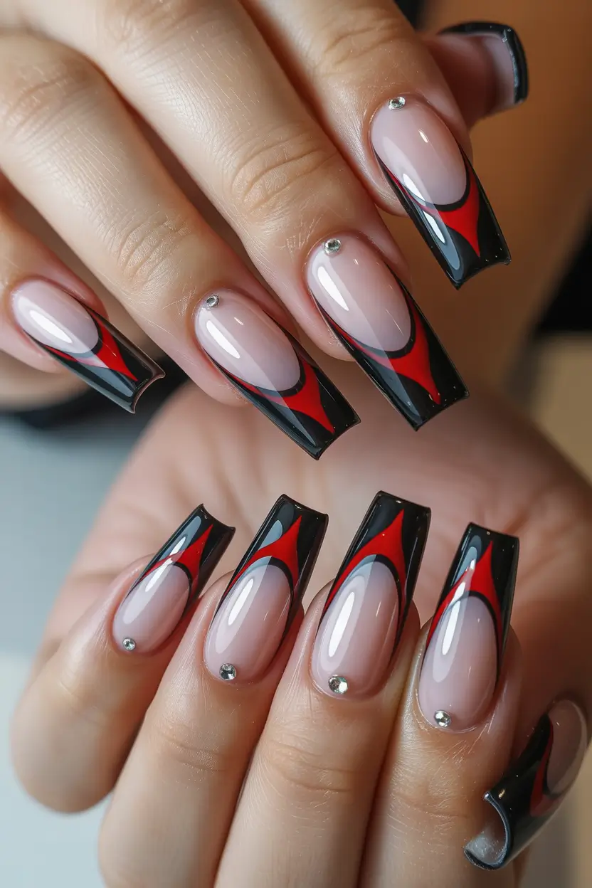 trendy spring nails Graphic black and red statement tips