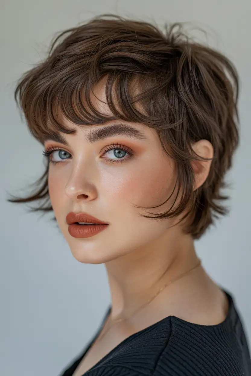 spring brown hair color Soft Warm Pixie Brown Cut With Modern Parisian Edge