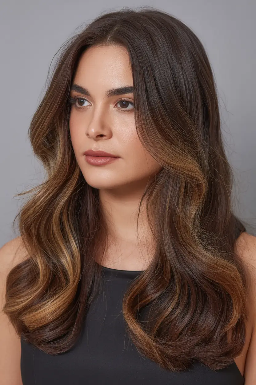 spring brown hair color Caramel Ribbon Highlights Through Classic Warm Brunette Waves