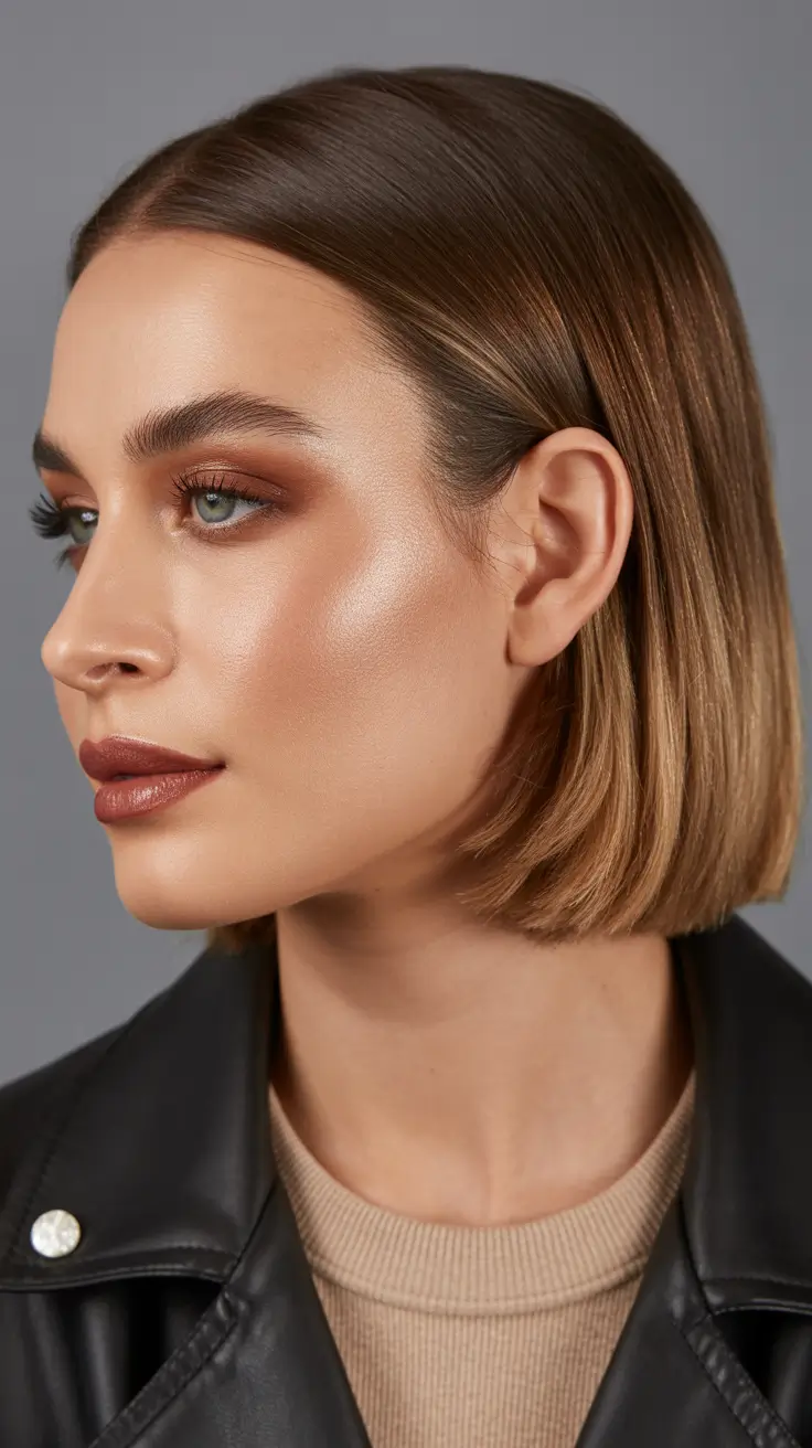 spring brown hair color Sleek Light Brown Bob With Subtle Spring Highlights