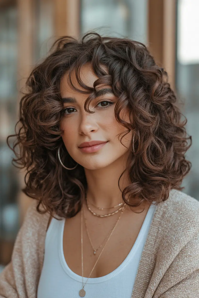 spring brown hair color Defined Curly Brunette Volume With Natural Warm Depth